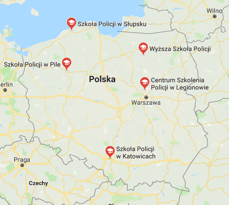Szkoły Policji w Polsce zaznaczone na mapie.