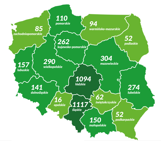 Liczba zgłoszeń z terenu kraju i poszczególnych województw w 2018 r.